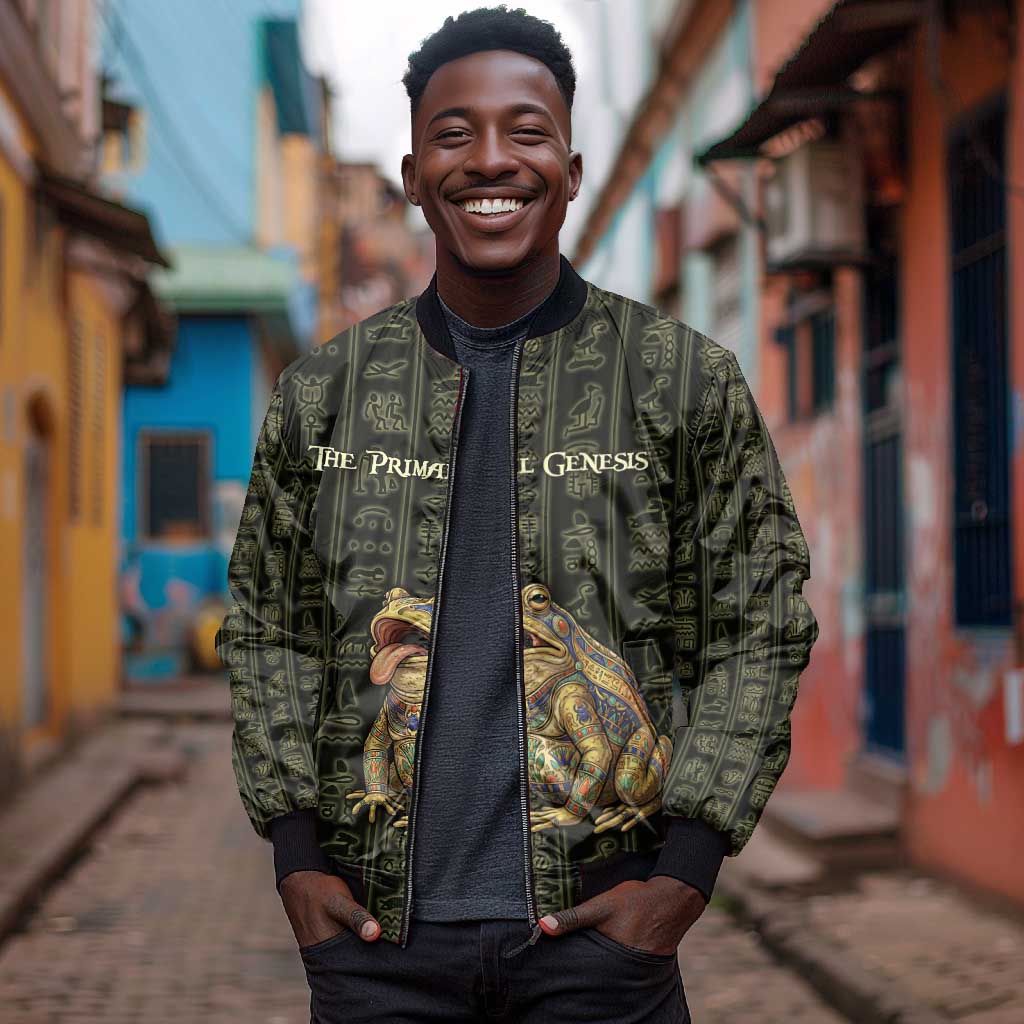 Heqet Ornate Frog Egyptian Bomber Jacket with Hieroglyphic Backdrop in Creation Theme