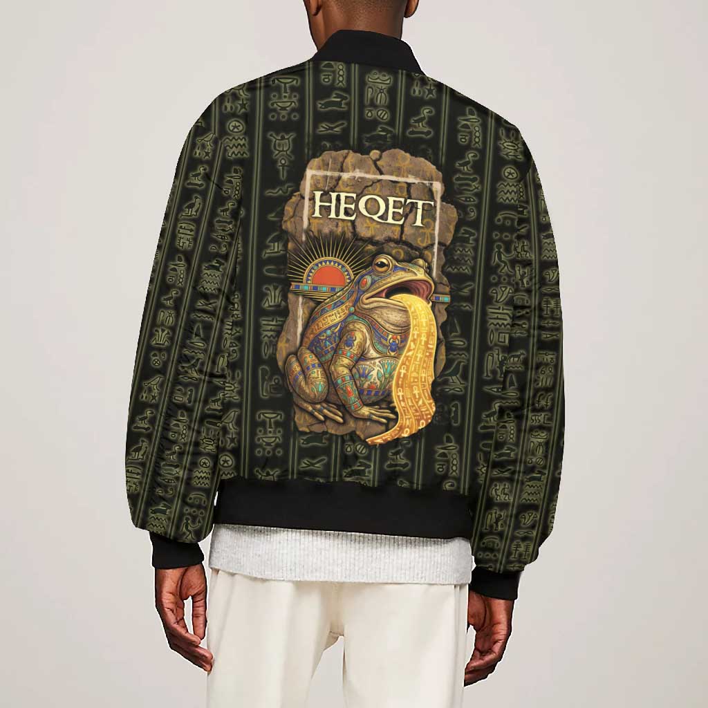 Heqet Ornate Frog Egyptian Bomber Jacket with Hieroglyphic Backdrop in Creation Theme