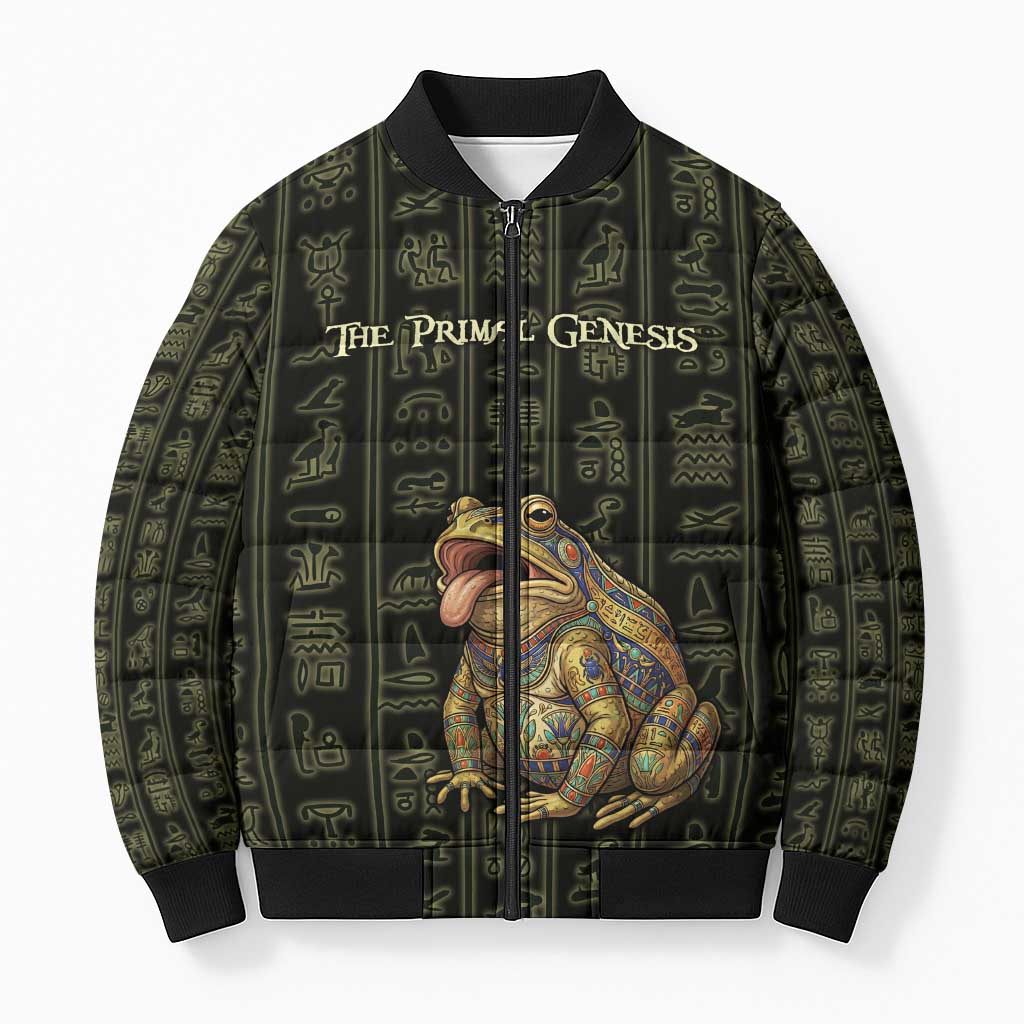 Heqet Ornate Frog Egyptian Bomber Puffer Jacket with Hieroglyphic Backdrop in Creation Theme