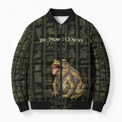 Heqet Ornate Frog Egyptian Bomber Puffer Jacket with Hieroglyphic Backdrop in Creation Theme