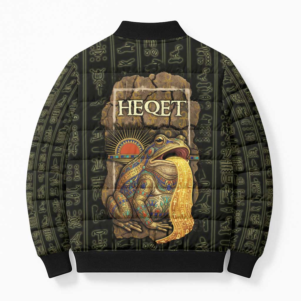 Heqet Ornate Frog Egyptian Bomber Puffer Jacket with Hieroglyphic Backdrop in Creation Theme