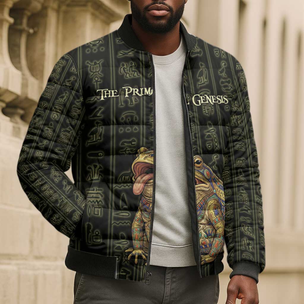 Heqet Ornate Frog Egyptian Bomber Puffer Jacket with Hieroglyphic Backdrop in Creation Theme