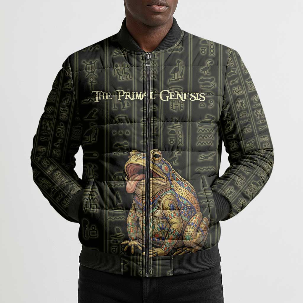 Heqet Ornate Frog Egyptian Bomber Puffer Jacket with Hieroglyphic Backdrop in Creation Theme