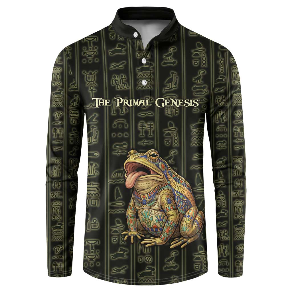 Heqet Ornate Frog Egyptian Button Sweatshirt with Hieroglyphic Backdrop in Creation Theme