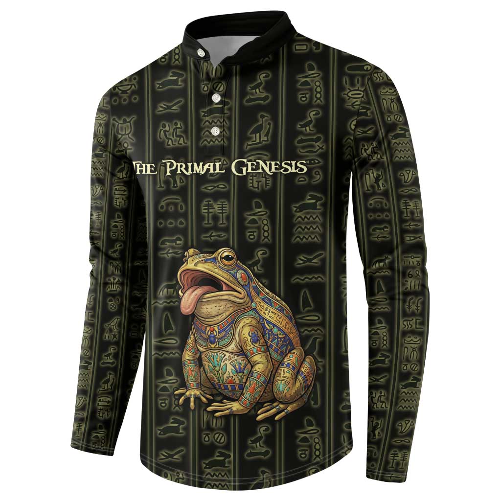 Heqet Ornate Frog Egyptian Button Sweatshirt with Hieroglyphic Backdrop in Creation Theme