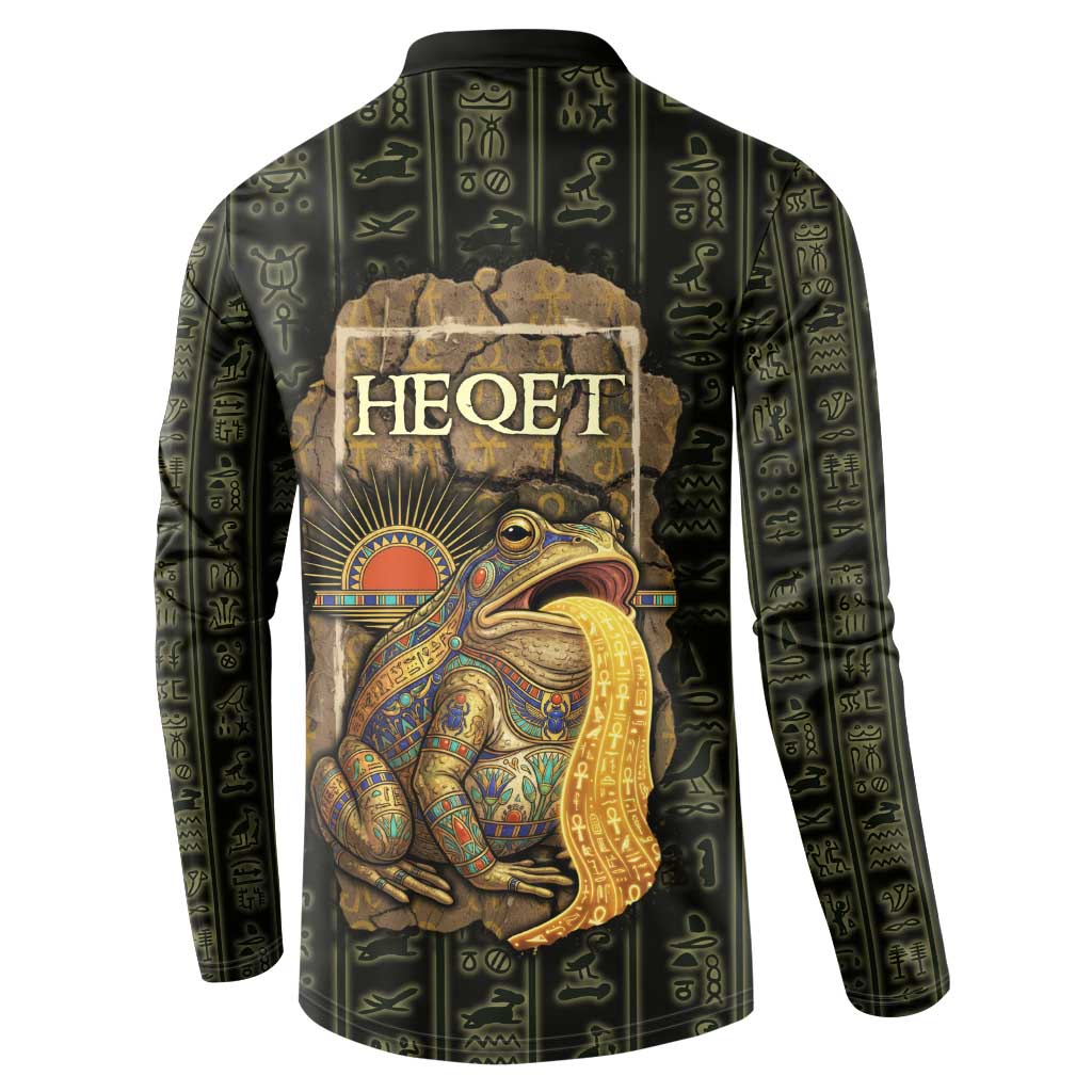 Heqet Ornate Frog Egyptian Button Sweatshirt with Hieroglyphic Backdrop in Creation Theme