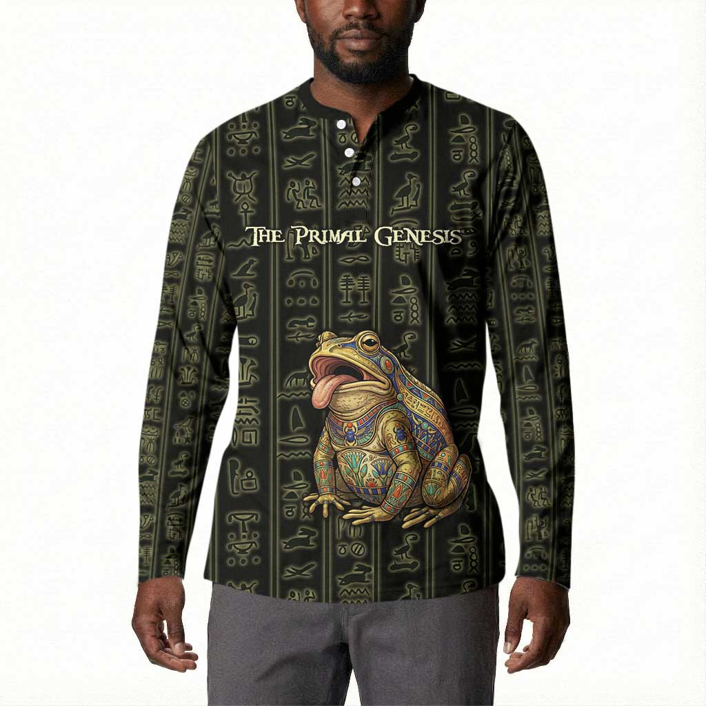 Heqet Ornate Frog Egyptian Button Sweatshirt with Hieroglyphic Backdrop in Creation Theme