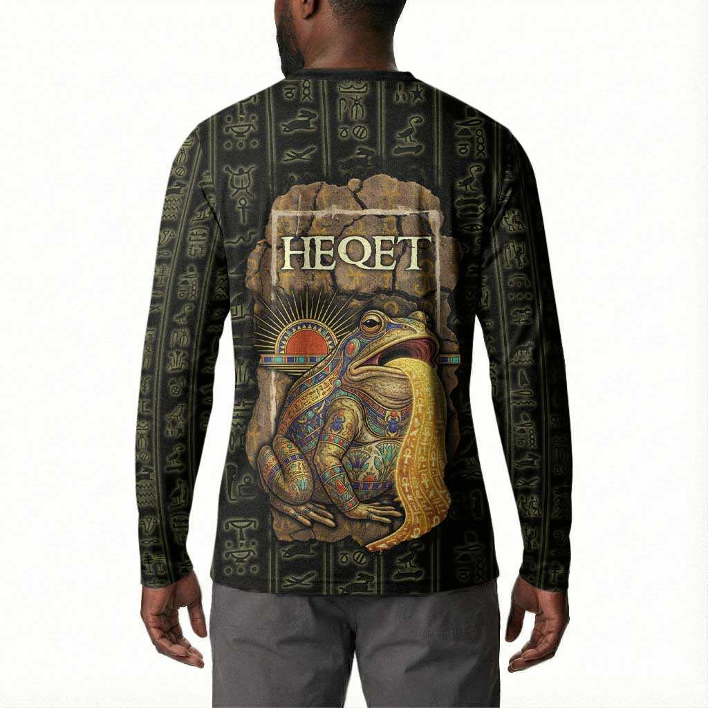 Heqet Ornate Frog Egyptian Button Sweatshirt with Hieroglyphic Backdrop in Creation Theme