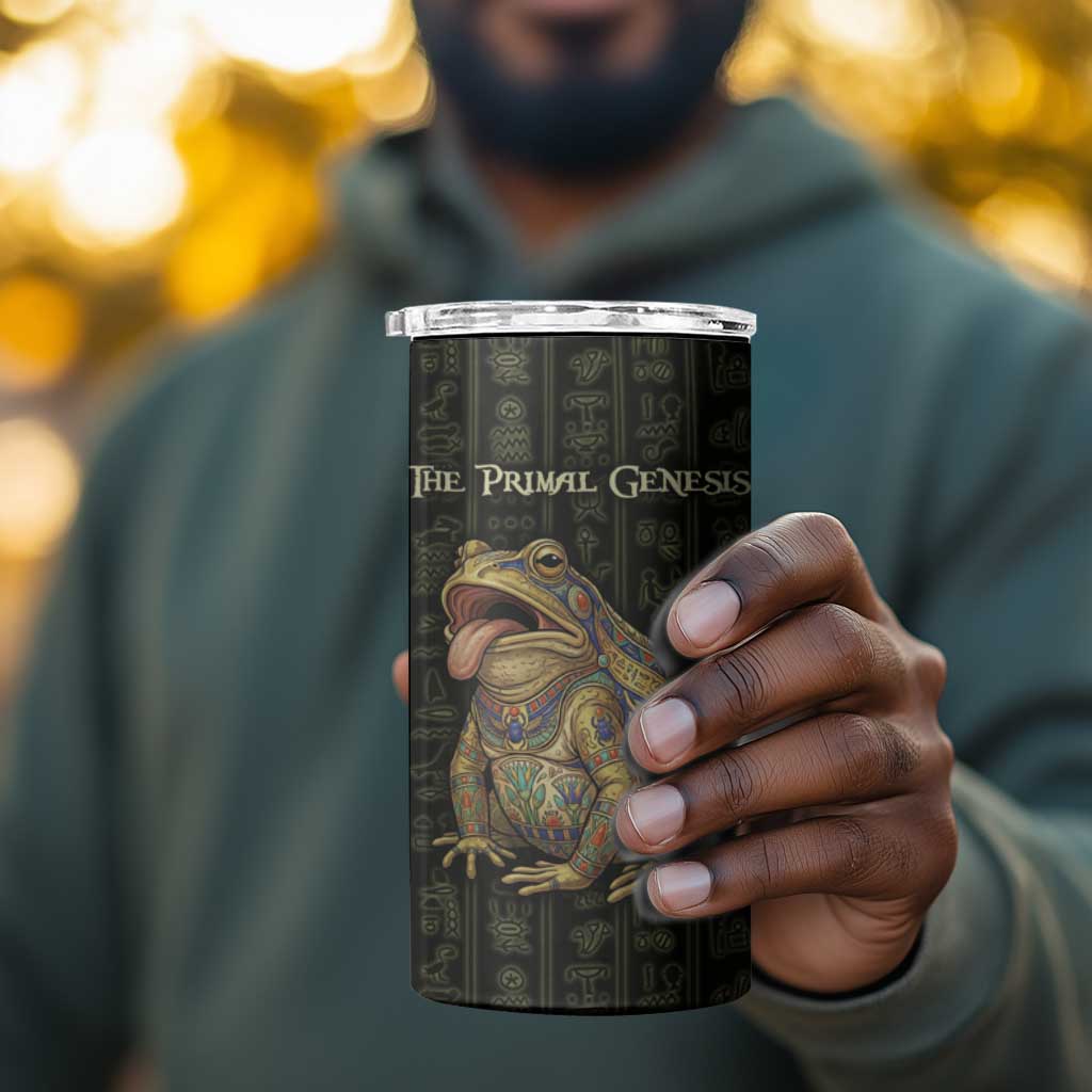 Heqet Ornate Frog Egyptian 4 in 1 Can Cooler Tumbler with Hieroglyphic Backdrop in Creation Theme