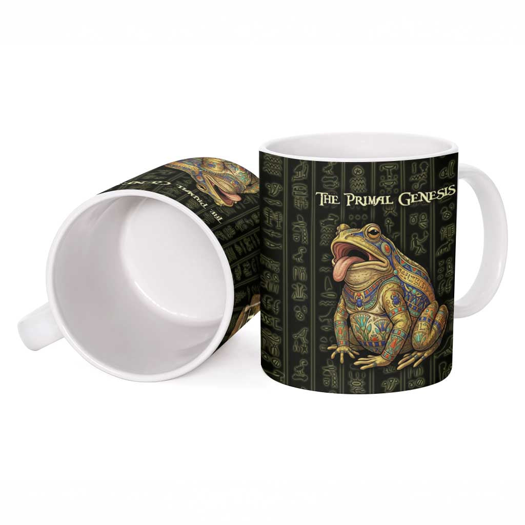 Heqet Ornate Frog Egyptian Ceramic Mug with Hieroglyphic Backdrop in Creation Theme