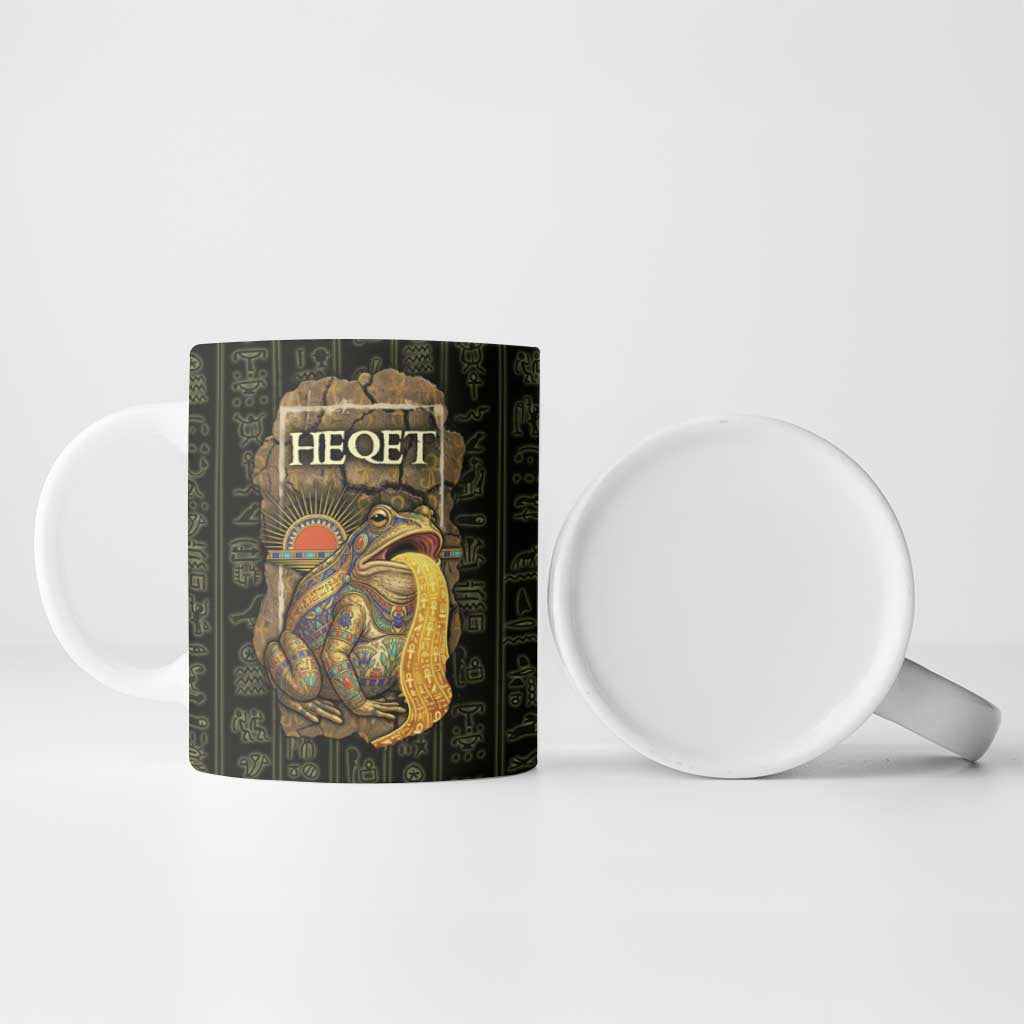 Heqet Ornate Frog Egyptian Ceramic Mug with Hieroglyphic Backdrop in Creation Theme