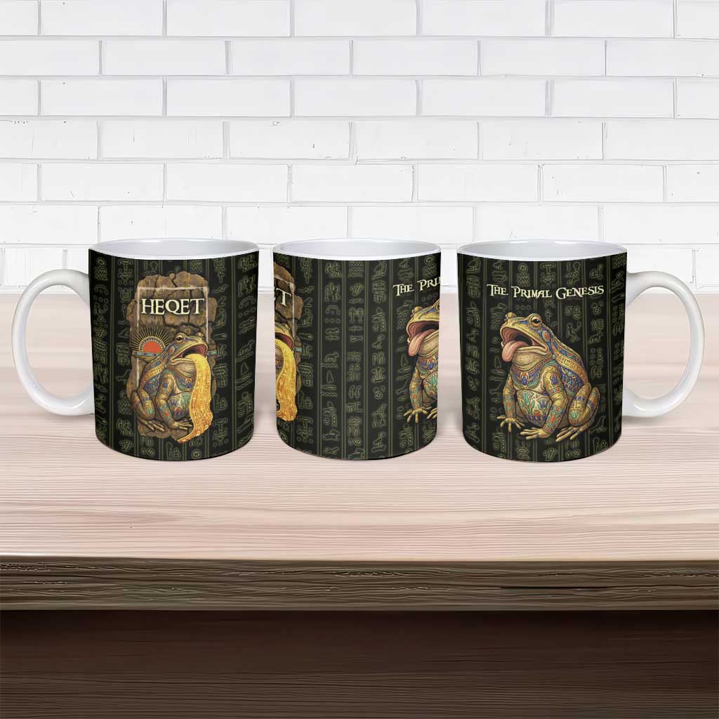 Heqet Ornate Frog Egyptian Ceramic Mug with Hieroglyphic Backdrop in Creation Theme