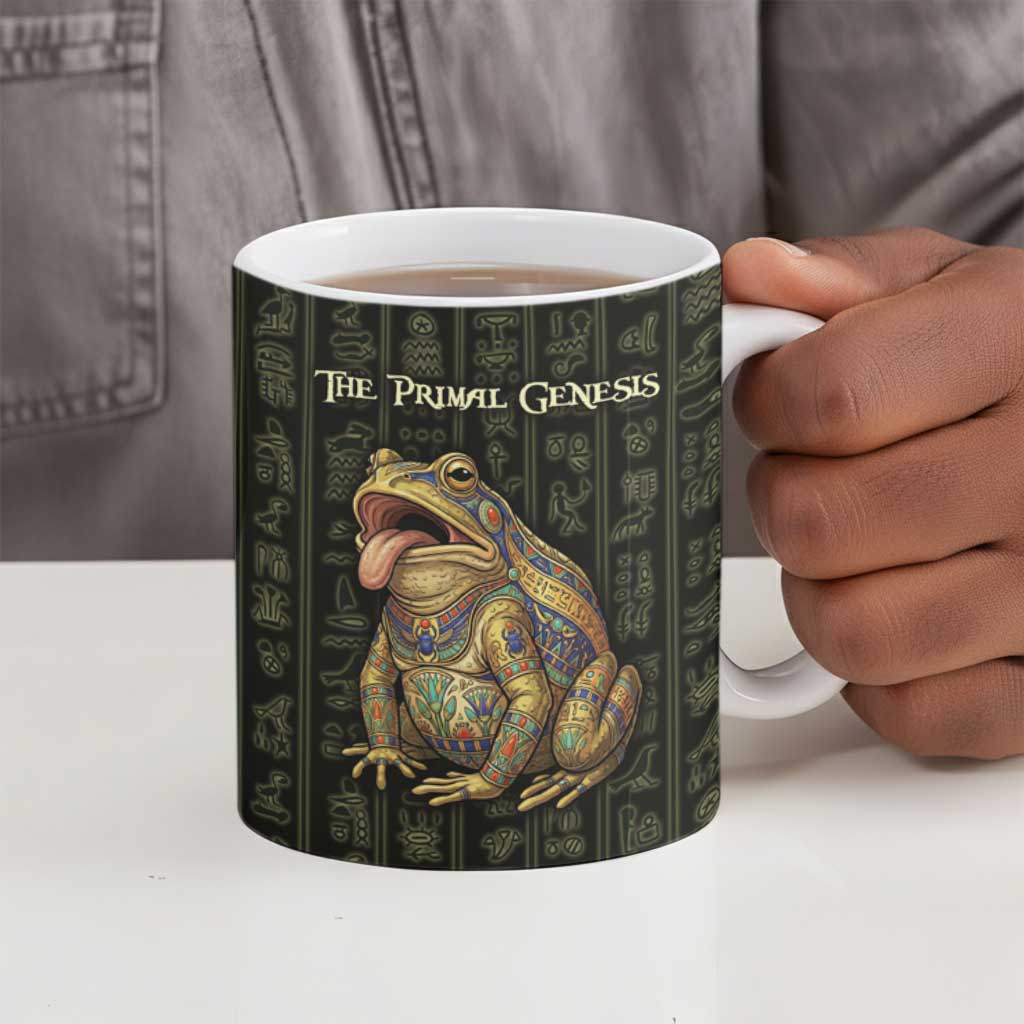 Heqet Ornate Frog Egyptian Ceramic Mug with Hieroglyphic Backdrop in Creation Theme
