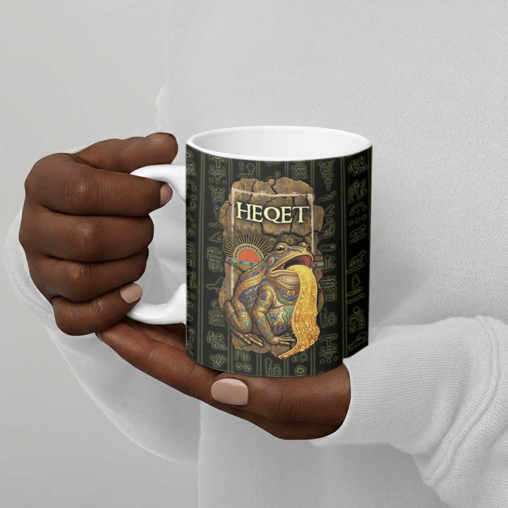 Heqet Ornate Frog Egyptian Ceramic Mug with Hieroglyphic Backdrop in Creation Theme