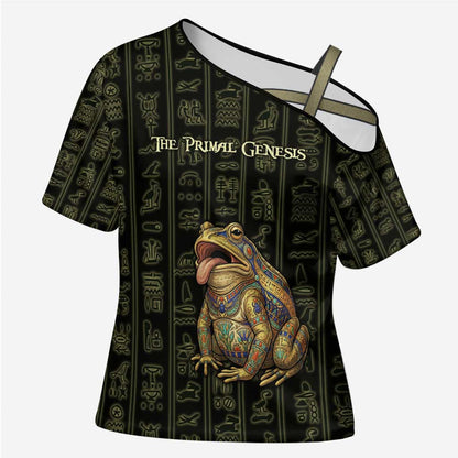 Heqet Ornate Frog Egyptian Cross Shoulder Shirt with Hieroglyphic Backdrop in Creation Theme