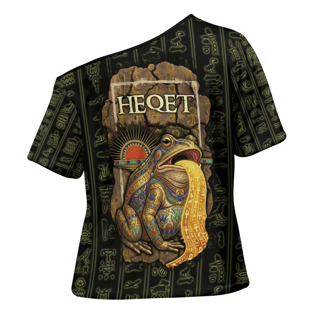 Heqet Ornate Frog Egyptian Cross Shoulder Shirt with Hieroglyphic Backdrop in Creation Theme