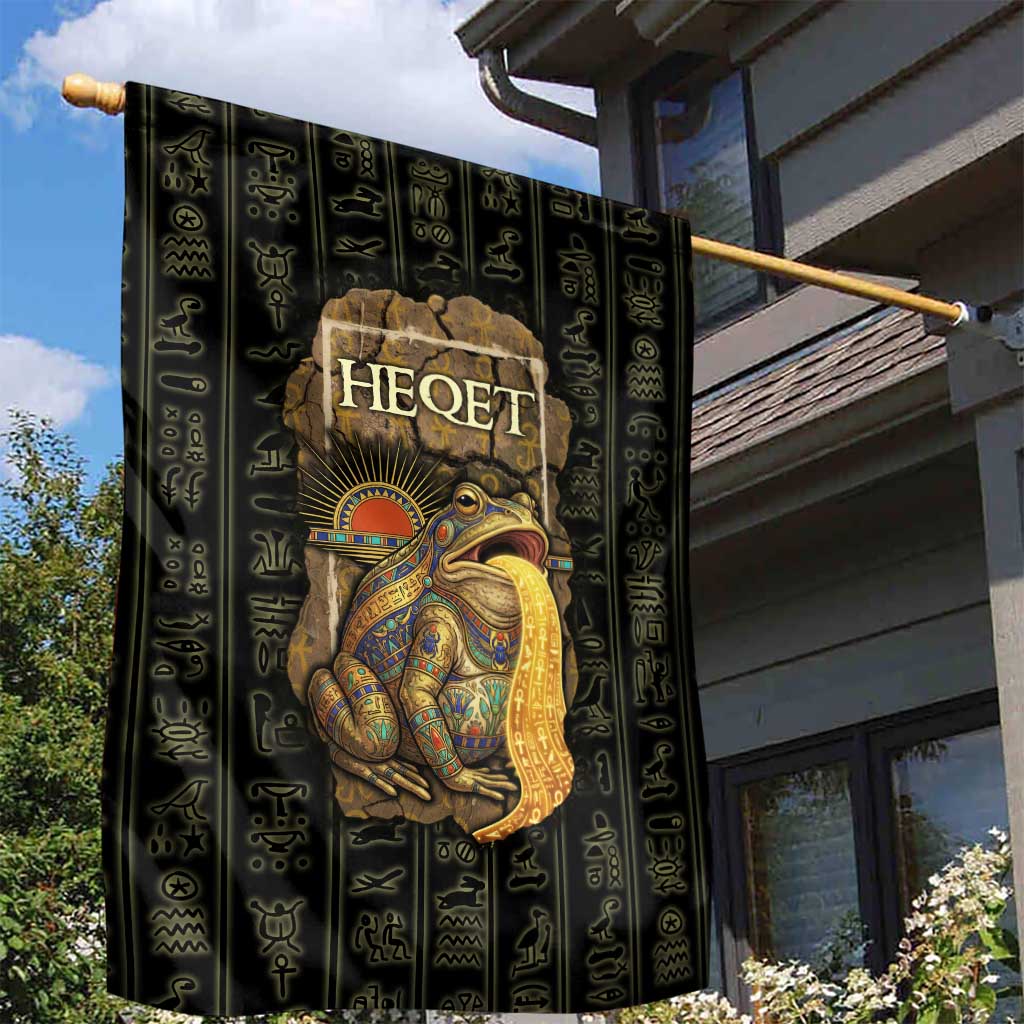 Heqet Ornate Frog Egyptian Garden Flag with Hieroglyphic Backdrop in Creation Theme