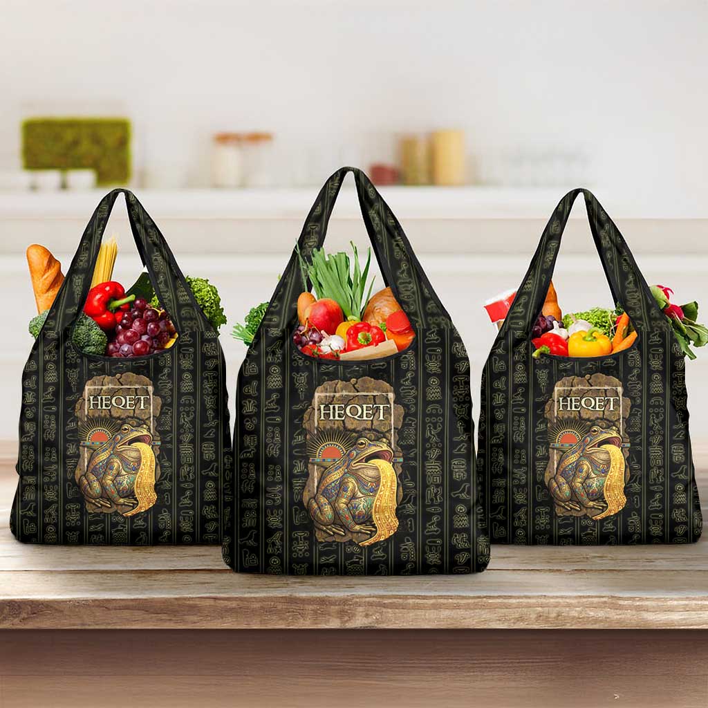 Heqet Ornate Frog Egyptian Grocery Bag with Hieroglyphic Backdrop in Creation Theme