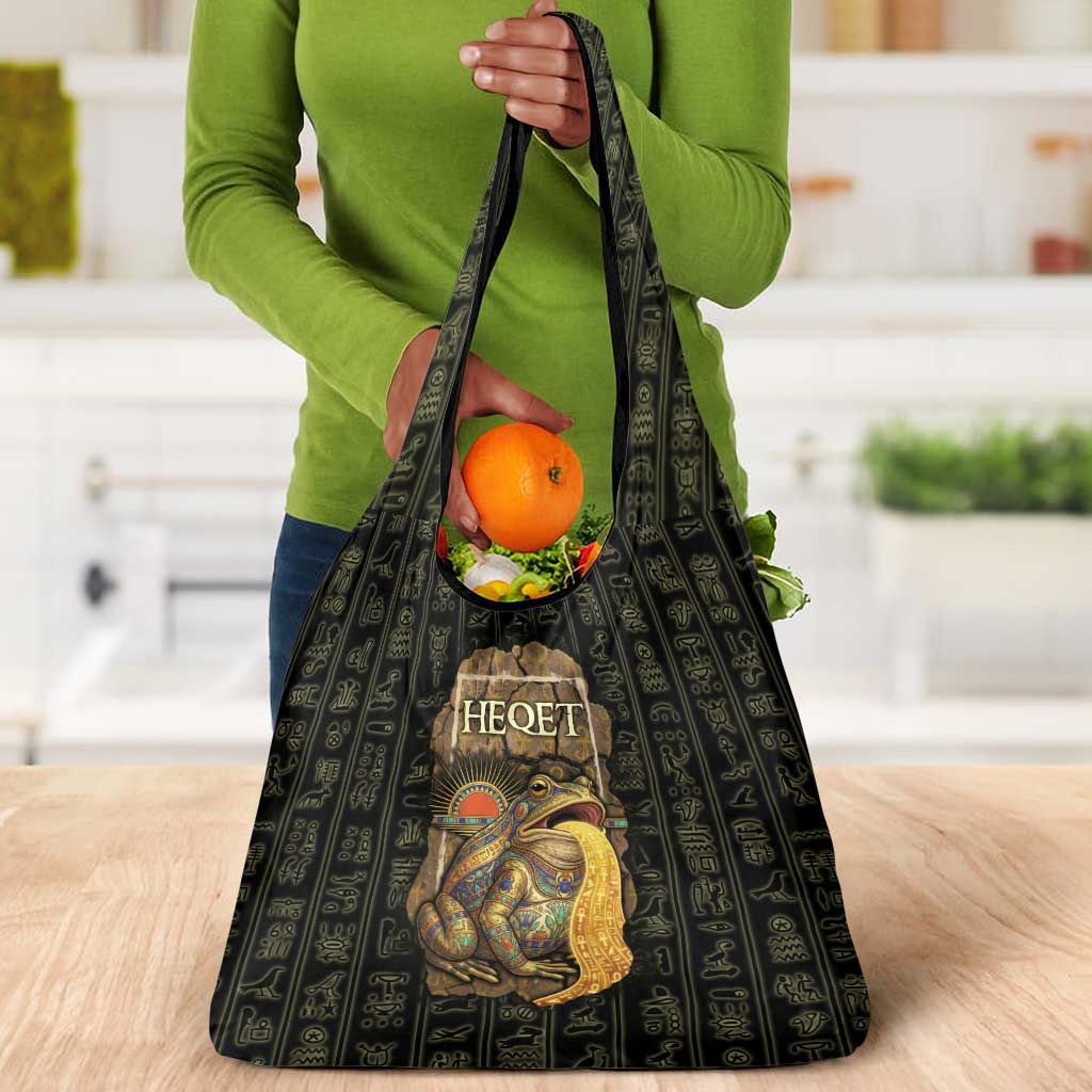 Heqet Ornate Frog Egyptian Grocery Bag with Hieroglyphic Backdrop in Creation Theme