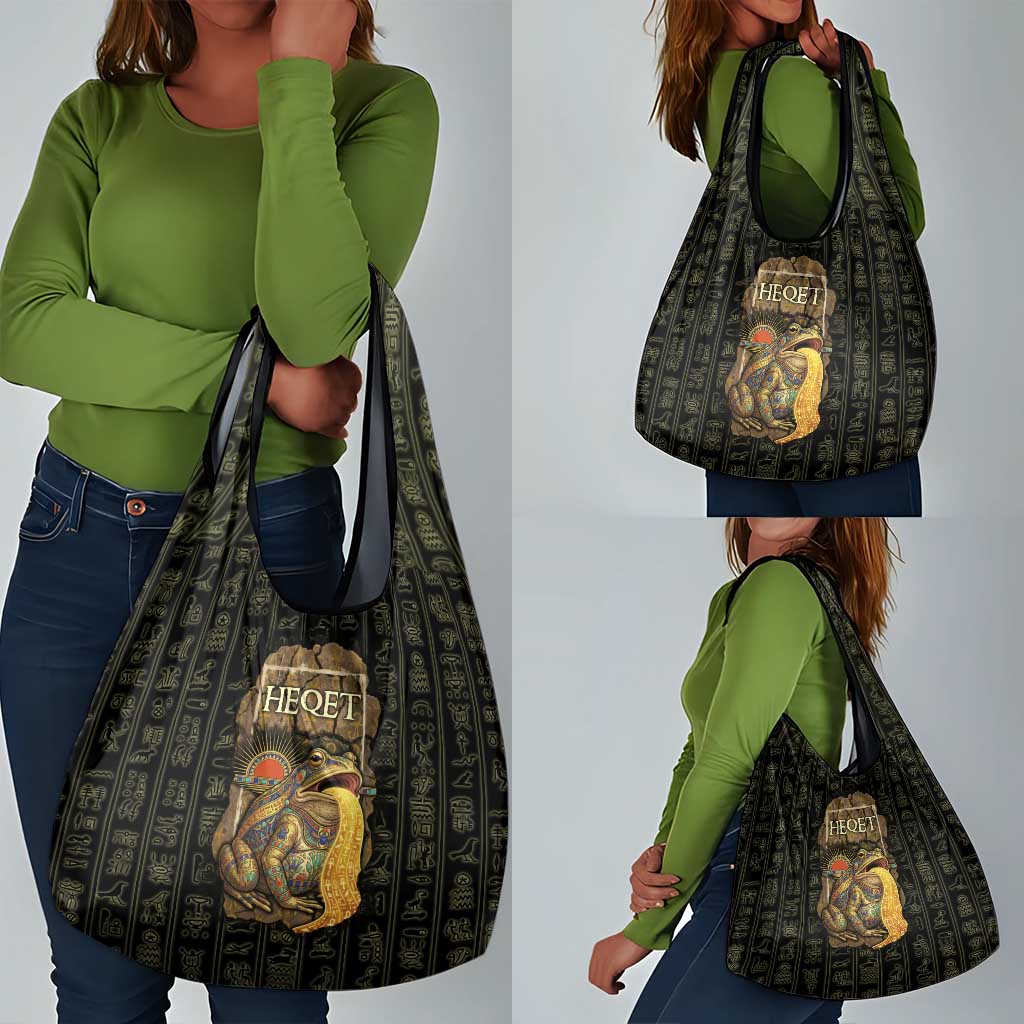 Heqet Ornate Frog Egyptian Grocery Bag with Hieroglyphic Backdrop in Creation Theme