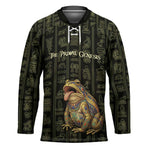 Heqet Ornate Frog Egyptian Hockey Jersey with Hieroglyphic Backdrop in Creation Theme