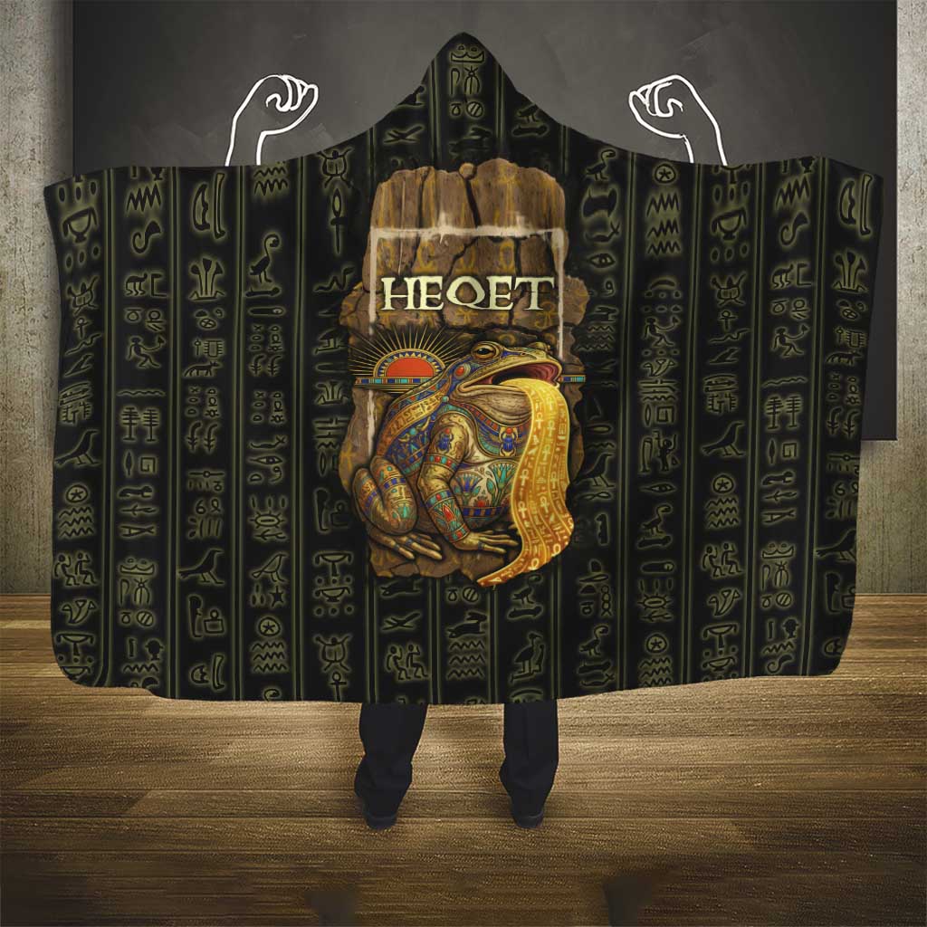 Heqet Ornate Frog Egyptian Hooded Blanket with Hieroglyphic Backdrop in Creation Theme
