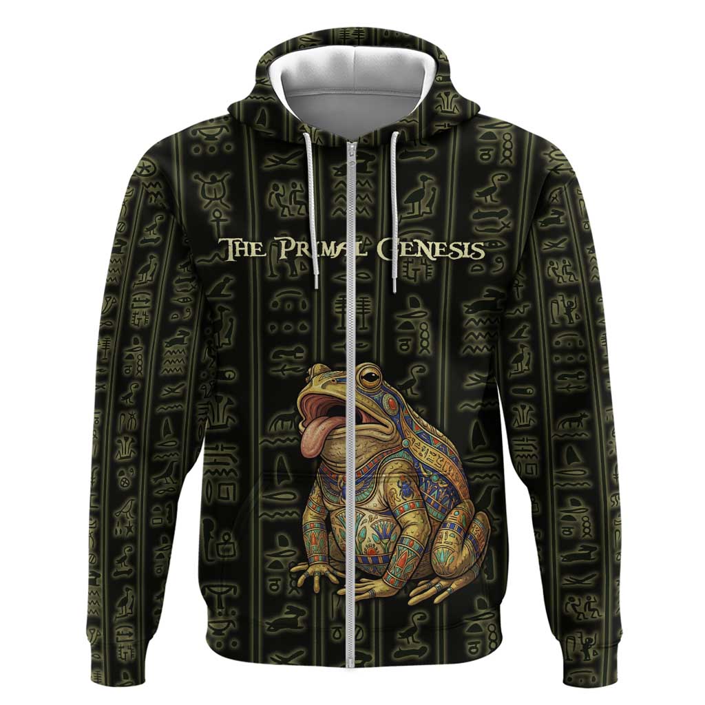 Heqet Ornate Frog Egyptian Hoodie with Hieroglyphic Backdrop in Creation Theme