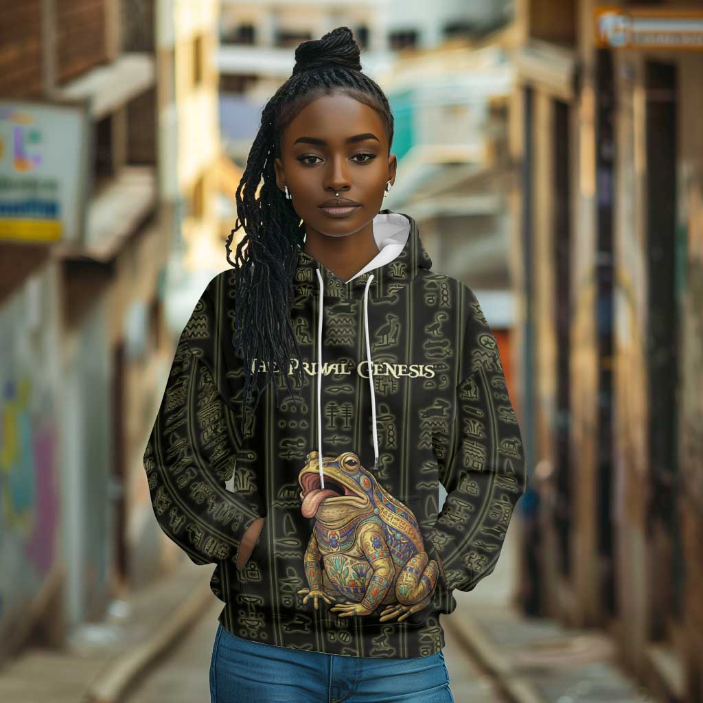 Heqet Ornate Frog Egyptian Hoodie with Hieroglyphic Backdrop in Creation Theme