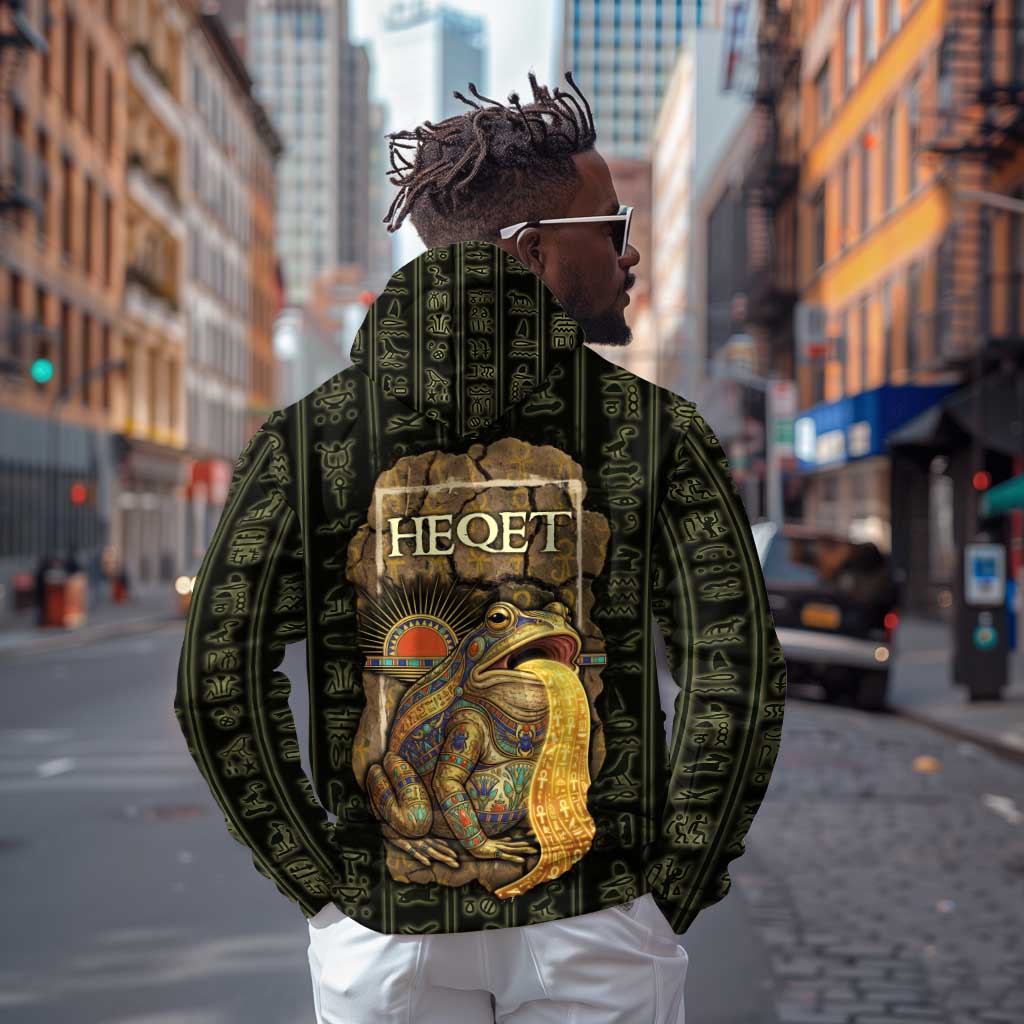 Heqet Ornate Frog Egyptian Hoodie with Hieroglyphic Backdrop in Creation Theme