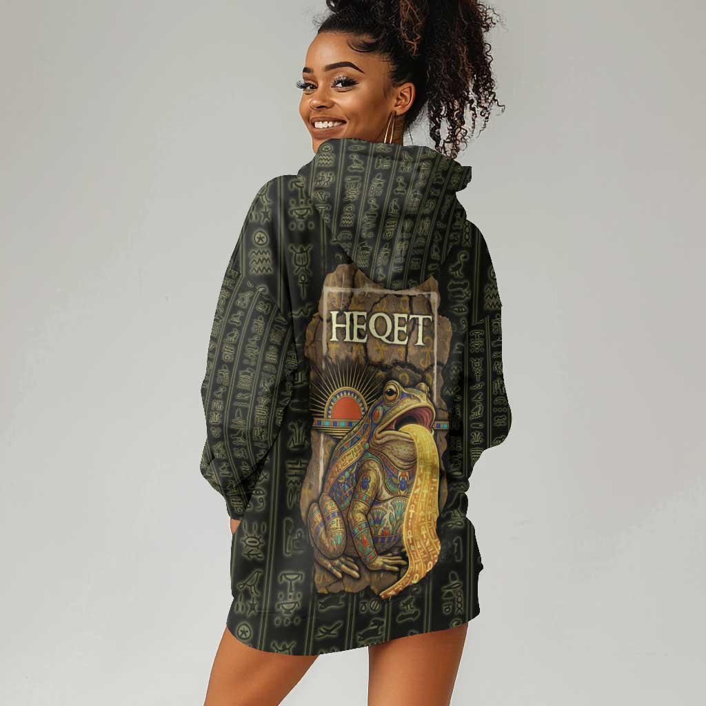 Heqet Ornate Frog Egyptian Hoodie Dress with Hieroglyphic Backdrop in Creation Theme