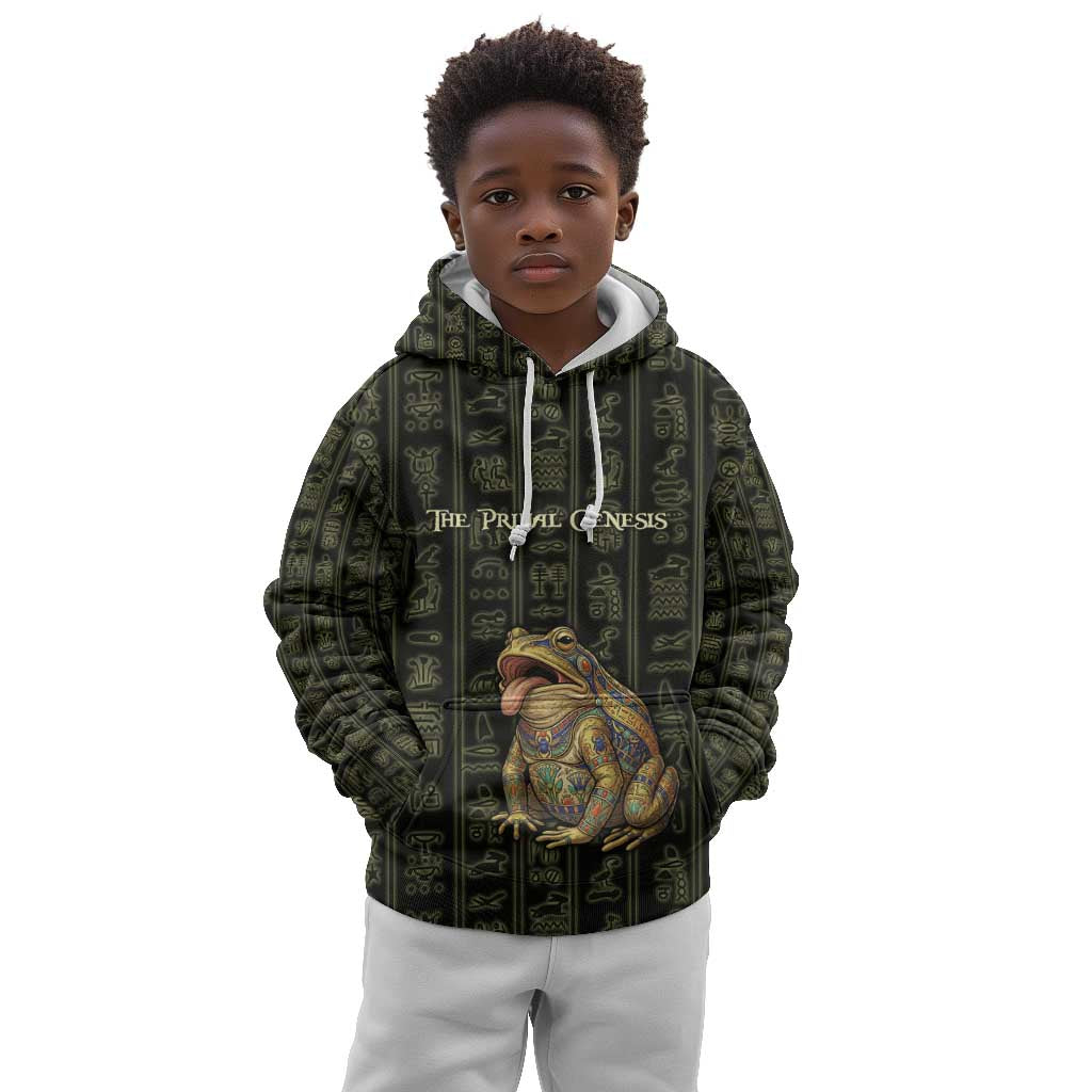 Heqet Ornate Frog Egyptian Kid Hoodie with Hieroglyphic Backdrop in Creation Theme