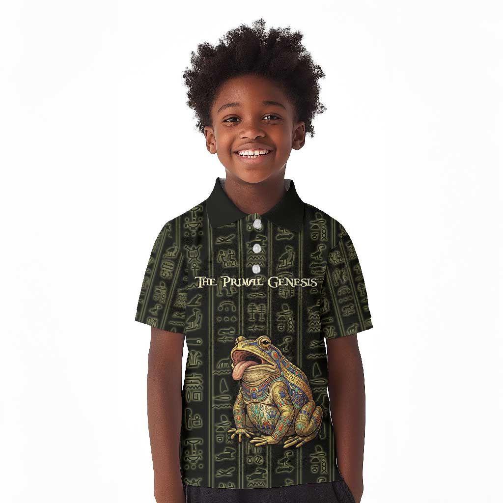Heqet Ornate Frog Egyptian Kid Polo Shirt with Hieroglyphic Backdrop in Creation Theme