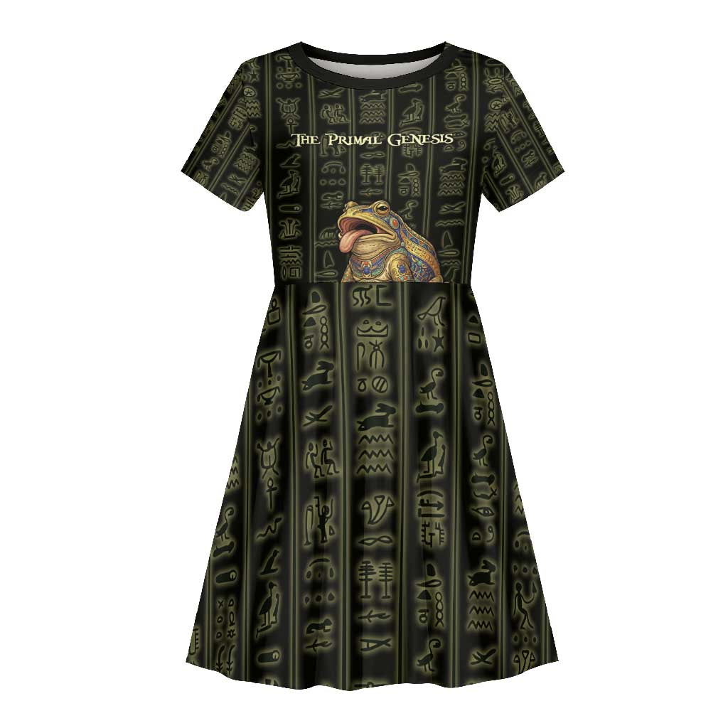 Heqet Ornate Frog Egyptian Kid Short Sleeve Dress with Hieroglyphic Backdrop in Creation Theme