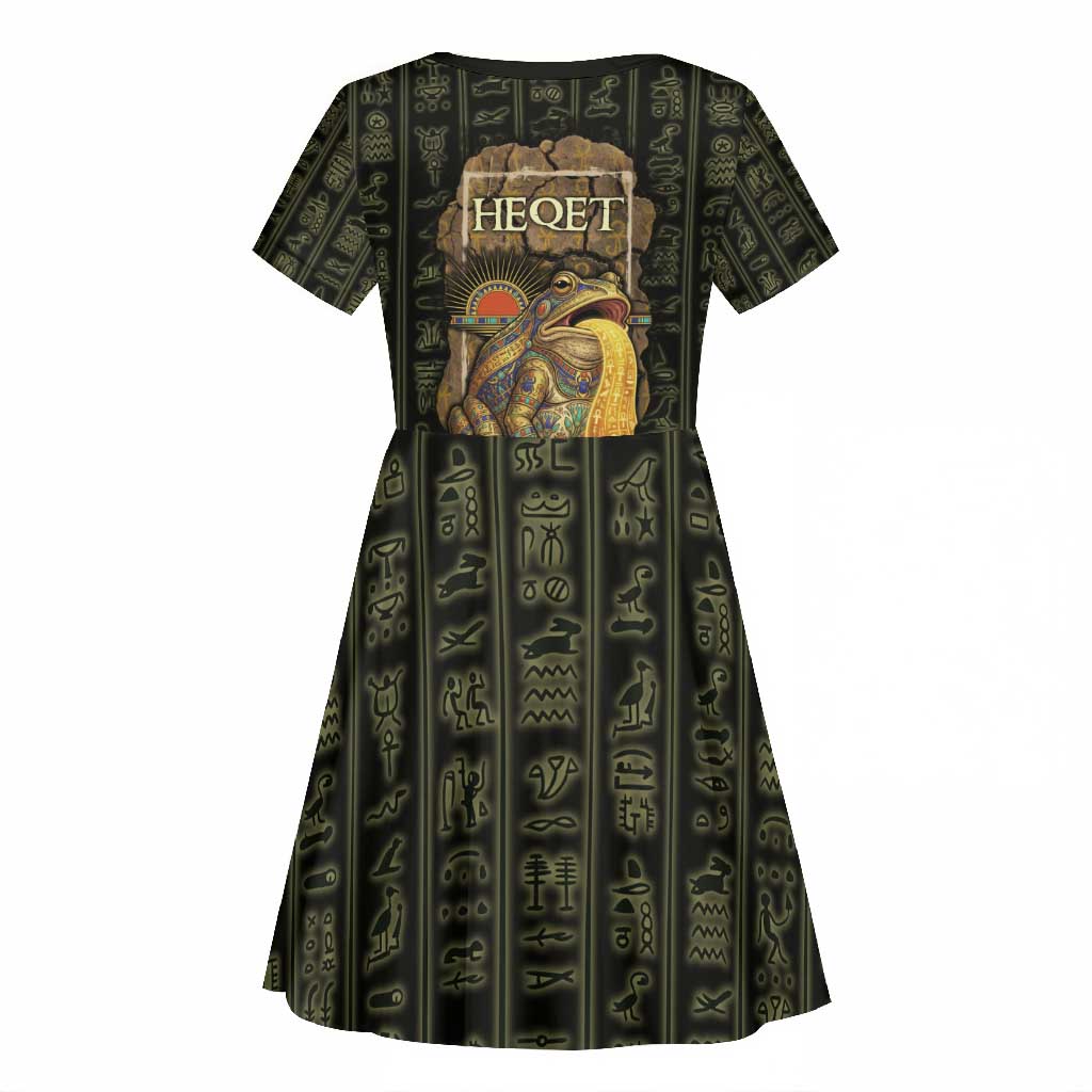 Heqet Ornate Frog Egyptian Kid Short Sleeve Dress with Hieroglyphic Backdrop in Creation Theme