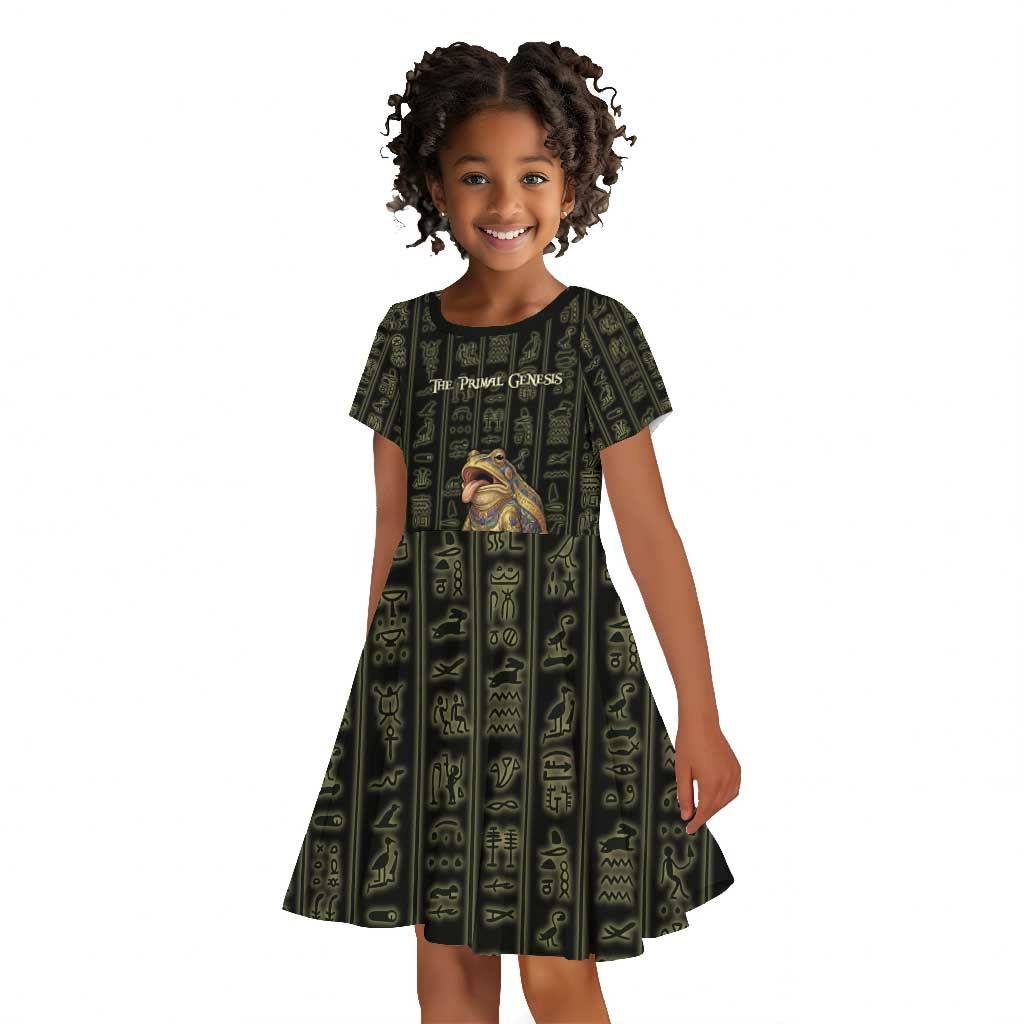 Heqet Ornate Frog Egyptian Kid Short Sleeve Dress with Hieroglyphic Backdrop in Creation Theme