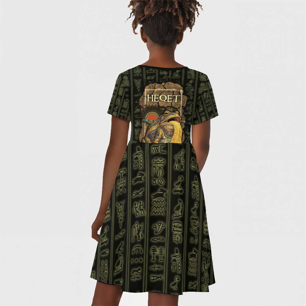 Heqet Ornate Frog Egyptian Kid Short Sleeve Dress with Hieroglyphic Backdrop in Creation Theme