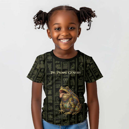 Heqet Ornate Frog Egyptian Kid T shirt with Hieroglyphic Backdrop in Creation Theme