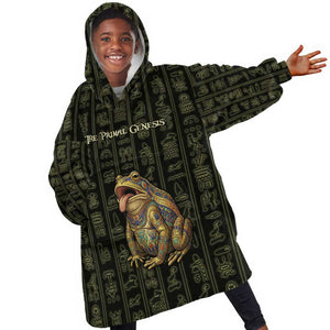 Heqet Ornate Frog Egyptian Kid Wearable Blanket Hoodie with Hieroglyphic Backdrop in Creation Theme