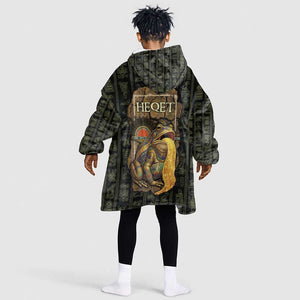 Heqet Ornate Frog Egyptian Kid Wearable Blanket Hoodie with Hieroglyphic Backdrop in Creation Theme