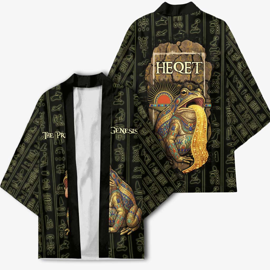 Heqet Ornate Frog Egyptian Kimono with Hieroglyphic Backdrop in Creation Theme