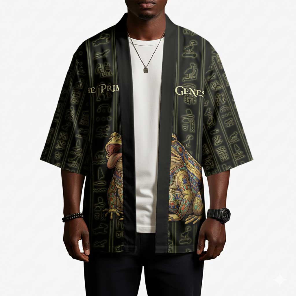 Heqet Ornate Frog Egyptian Kimono with Hieroglyphic Backdrop in Creation Theme