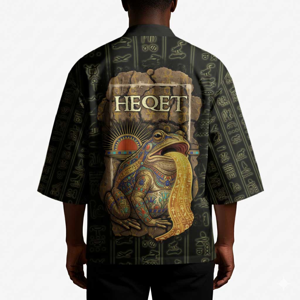 Heqet Ornate Frog Egyptian Kimono with Hieroglyphic Backdrop in Creation Theme