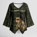 Heqet Ornate Frog Egyptian Kimono Sleeve Blouse with Hieroglyphic Backdrop in Creation Theme