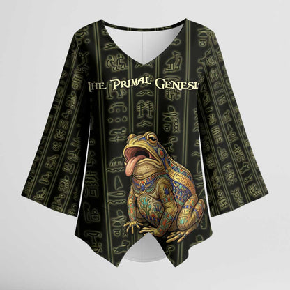Heqet Ornate Frog Egyptian Kimono Sleeve Blouse with Hieroglyphic Backdrop in Creation Theme
