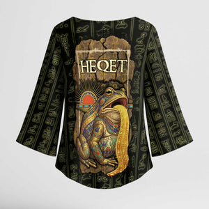 Heqet Ornate Frog Egyptian Kimono Sleeve Blouse with Hieroglyphic Backdrop in Creation Theme