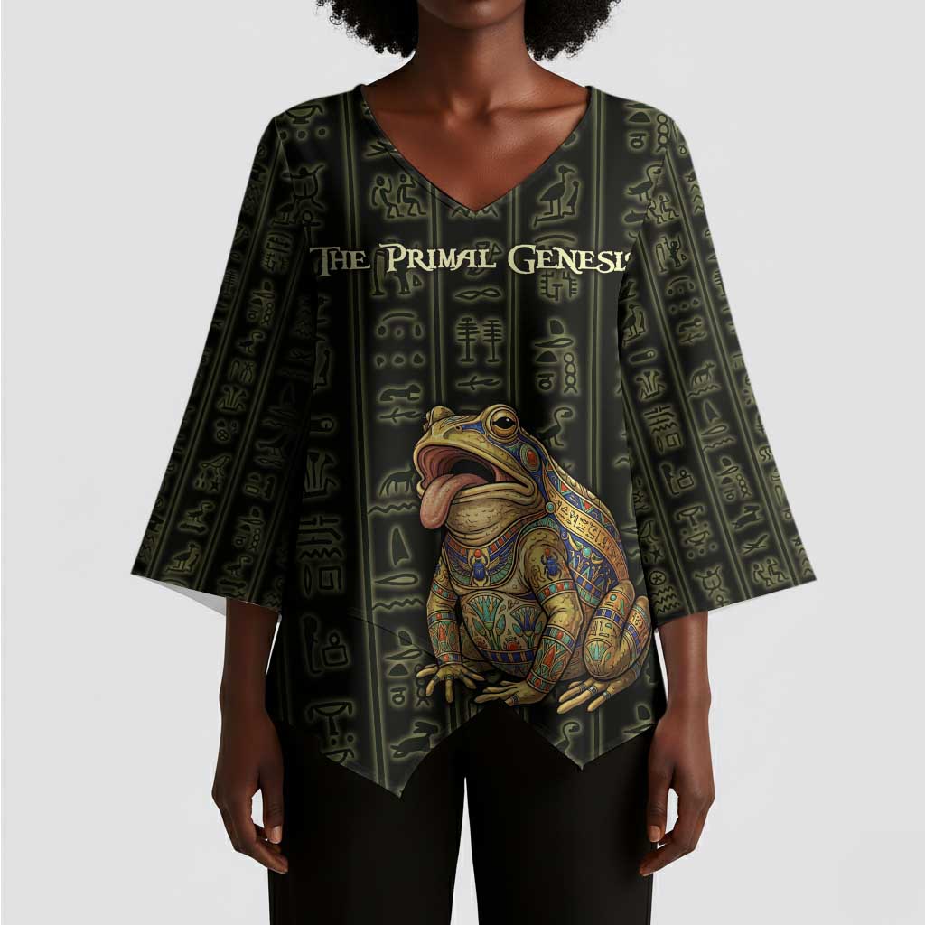 Heqet Ornate Frog Egyptian Kimono Sleeve Blouse with Hieroglyphic Backdrop in Creation Theme