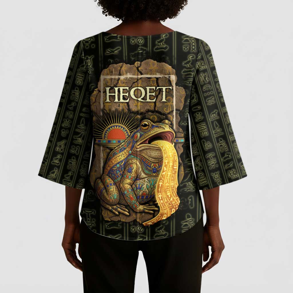 Heqet Ornate Frog Egyptian Kimono Sleeve Blouse with Hieroglyphic Backdrop in Creation Theme