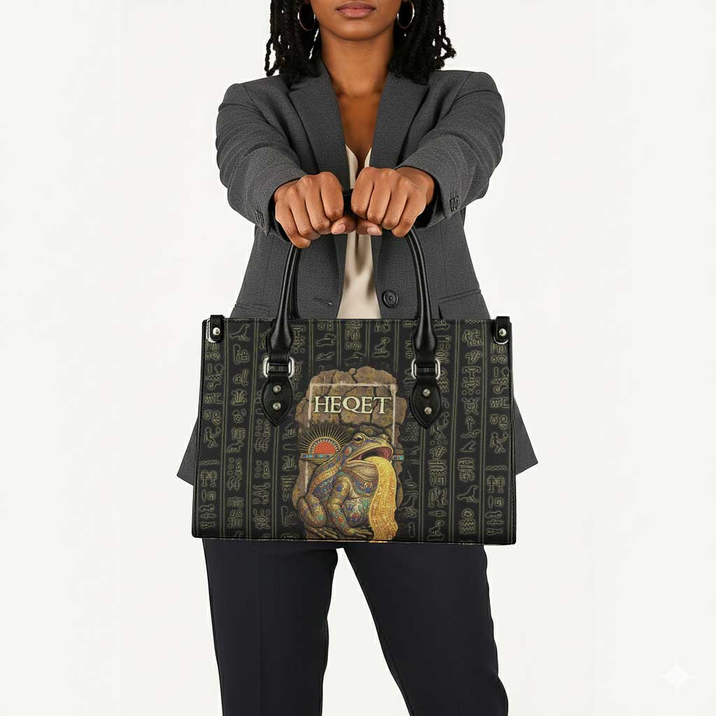 Heqet Ornate Frog Egyptian Leather Bag with Hieroglyphic Backdrop in Creation Theme