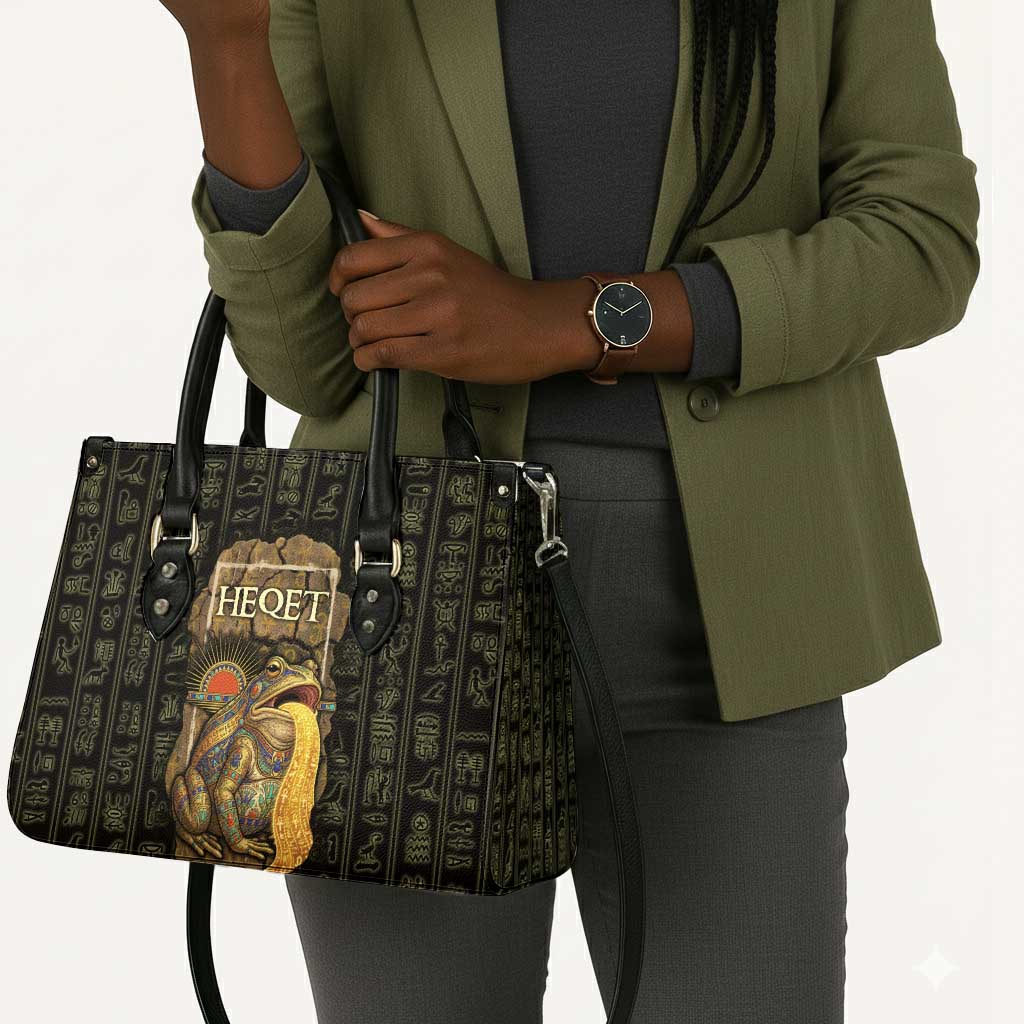 Heqet Ornate Frog Egyptian Leather Bag with Hieroglyphic Backdrop in Creation Theme