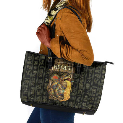 Heqet Ornate Frog Egyptian Leather Tote Bag with Hieroglyphic Backdrop in Creation Theme